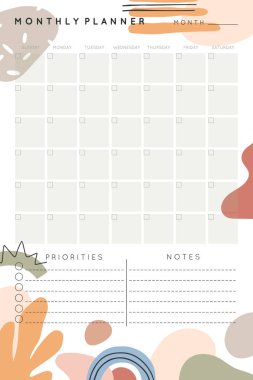 Vector monthly planner template with abstract shapes and doodles in neutral earthy tones.Organizer and schedule with place for goals,to do list,notes.Trendy cartoon style.Abstract modern design.