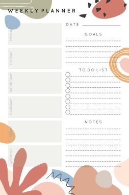 Vector weekly planner template with abstract shapes and doodles in neutral earthy tones.Organizer and schedule with place for goals,to do list,notes.Trendy cartoon style.Abstract modern design.