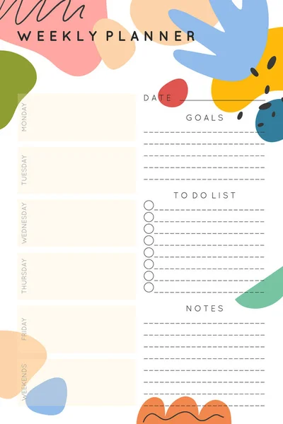 Vector Weekly Planner Template Abstract Hand Drawn Organic Shapes Doodles — Archivo Imágenes Vectoriales