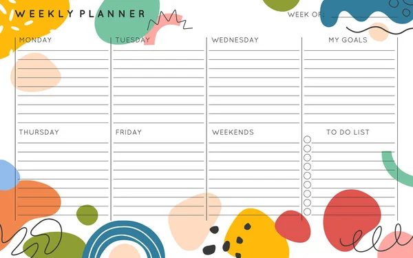 Vector Weekly Planner Template Abstract Hand Drawn Organic Shapes Doodles — Archivo Imágenes Vectoriales