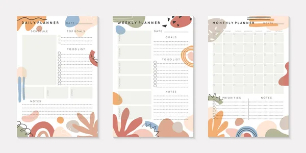 Vector Daily Weekly Monthly Planners Templates Abstract Organic Shapes Doodles — Stok Vektör