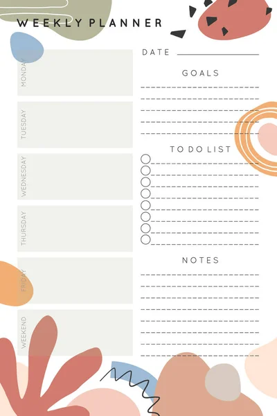 Vector Weekly Planner Template Abstract Shapes Doodles Neutral Earthy Tones — Archivo Imágenes Vectoriales