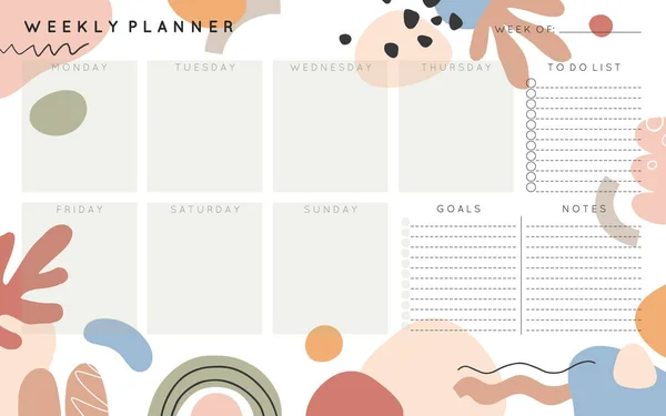 Vector Weekly Planner Template Abstract Shapes Doodles Neutral Earthy Tones — Archivo Imágenes Vectoriales