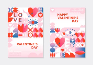 Sevgililer Günü kutlamaları şablonları. Geometrik elemanlar ve sembollerle Bauhaus tarzında romantik vektör düzenleri. Sancaklar, davetiyeler, baskılar, tanıtım teklifleri için modern moda tasarımları..