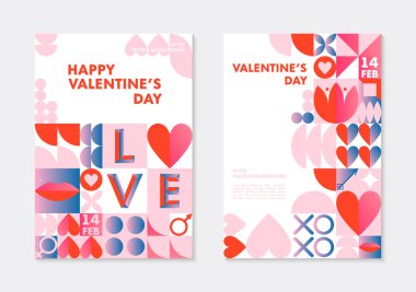 Sevgililer Günü kutlamaları şablonları. Geometrik elemanlar ve sembollerle Bauhaus tarzında romantik vektör düzenleri. Sancaklar, davetiyeler, baskılar, tanıtım teklifleri için modern moda tasarımları..