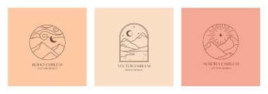 Vector linear boho emblems with abstract mountain landscapes and night sky.Travel logos with mountains,aurora lights or polar star,sea or lake,moon and stars.Modern hike,camp or glamping resort labels clipart