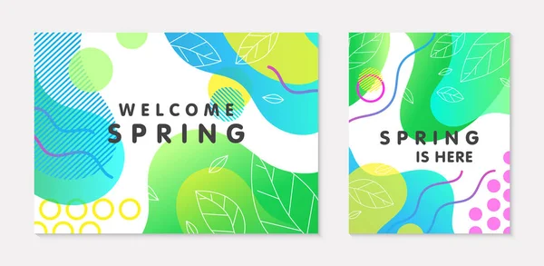 Set Spring Banners Green Gradient Backgrounds Linear Leaves Bright Fluid — Stock Vector