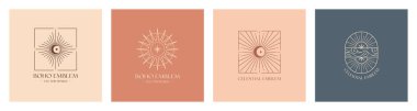 Vektör lineer boho amblemleri. Bulutlu gökyüzü, kılavuz yıldız, hilal ay, güneş ve güneş patlaması içeren Bohem logoları. Modern gökyüzü simgeleri veya sembolleri modayı minimalist biçiminde. Markalaşma tasarım şablonları.