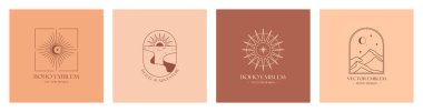 Vector linear boho emblems with rocky mountain landscape,guiding star and crescent.Travel logos with cliffed coast;sand dunes,sea,moon,sun and sunburst.Modern celestial icons.Branding designs clipart