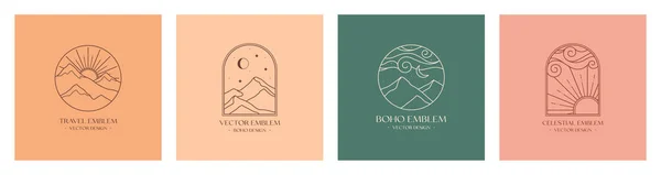 Doğrusal vektör boho amblemleri. Kum tepeleri, güneş ve güneş patlaması, kar tepeli dağlar ve ay içeren Bohem logoları. Modern gökyüzü simgeleri veya sembolleri modayı en aza indirir. Seyahat tasarım şablonları