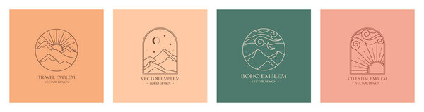 Set of vector linear boho emblems.Bohemian logos with sand dunes,sun and sunburst,snowcapped mountains and moon.Modern celestial icons or symbols in trendy minimal style.Travel design templates
