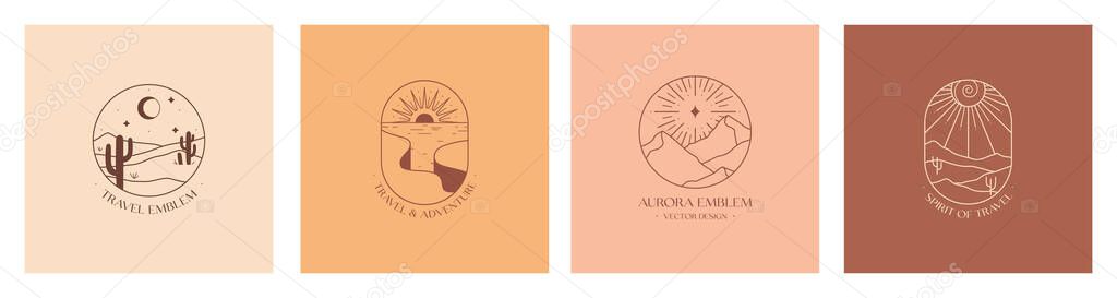 Vector linear boho emblems with rocky mountains,desert landscapes and mountain range.Travel logos with cliffed coast;aurora,sea,sun,desert dunes;cacti,moon,stars.Modern hiking or camping labels.