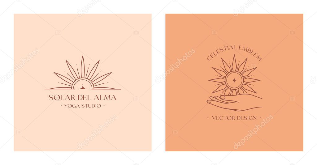 Vector bohemian logo design templates with hand holding sun.Boho linear icons or symbols in minimalist style.Modern celestial emblems.Branding design.Letters with Solar del Alma means Sun of the Soul