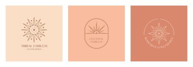 Vektör lineer boho amblemleri. Yıldız, güneş ya da ay ve güneş patlaması içeren Bohem kabile logoları. Modern gökyüzü simgeleri ya da sembolleri modaya uygun minimalist stilde. Markalaşma tasarım şablonları.
