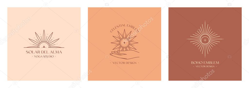 Vector bohemian logo design templates with hand holding sun.Boho linear icons or symbols in minimalist style.Modern celestial emblems.Branding design.Letters with Solar del Alma means Sun of the Soul