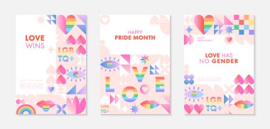 Gurur ayı poster şablonları. LGBTQ + Geometrik elemanlar ve gökkuşağı lgbt sembolleriyle Bauhaus tarzı toplum vektör çizimleri. İnsan hakları hareketi konsepti. Gay geçit töreni. Renkli kapak tasarımları..