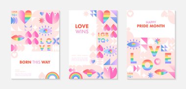 Gurur ayı poster şablonları. LGBTQ + Geometrik elemanlar ve gökkuşağı lgbt sembolleriyle Bauhaus tarzı toplum vektör çizimleri. İnsan hakları hareketi konsepti. Gay geçit töreni. Renkli kapak tasarımları..