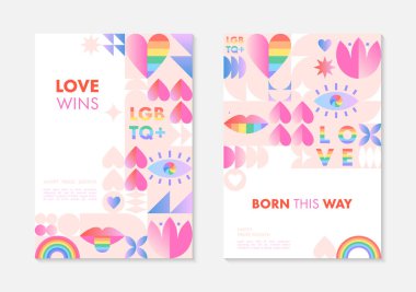 Gurur ayı poster şablonları. LGBTQ + Geometrik elemanlar ve gökkuşağı lgbt sembolleriyle Bauhaus tarzı toplum vektör çizimleri. İnsan hakları hareketi konsepti. Gay geçit töreni. Renkli kapak tasarımları..