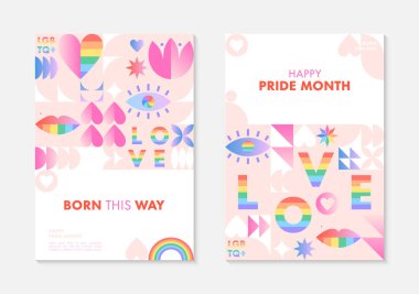 Gurur ayı poster şablonları. LGBTQ + Geometrik elemanlar ve gökkuşağı lgbt sembolleriyle Bauhaus tarzı toplum vektör çizimleri. İnsan hakları hareketi konsepti. Gay geçit töreni. Renkli kapak tasarımları..