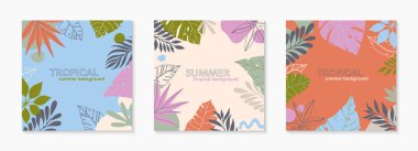 Metin için kopyalama alanı olan modaya uygun düz çizimler. Tropikal yapraklar, bitkiler içeren soyut arkaplanlar. Sosyal medya, posterler, baskılar için tropikal afişler. Kapak tasarım şablonları.