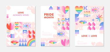 Gurur ayı poster şablonları. LGBTQ + Geometrik elemanlar ve gökkuşağı lgbt sembolleriyle Bauhaus tarzı toplum vektör çizimleri. İnsan hakları hareketi konsepti. Gay geçit töreni. Renkli kapak tasarımları..