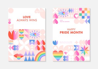 Gurur ayı poster şablonları. LGBTQ + Geometrik elemanlar ve gökkuşağı lgbt sembolleriyle Bauhaus tarzı toplum vektör çizimleri. İnsan hakları hareketi konsepti. Gay geçit töreni. Renkli kapak tasarımları..
