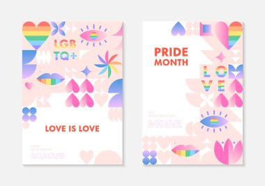 Gurur ayı poster şablonları. LGBTQ + Geometrik elemanlar ve gökkuşağı lgbt sembolleriyle Bauhaus tarzı toplum vektör çizimleri. İnsan hakları hareketi konsepti. Gay geçit töreni. Renkli kapak tasarımları..
