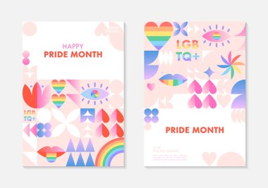Gurur ayı poster şablonları. LGBTQ + Geometrik elemanlar ve gökkuşağı lgbt sembolleriyle Bauhaus tarzı toplum vektör çizimleri. İnsan hakları hareketi konsepti. Gay geçit töreni. Renkli kapak tasarımları..