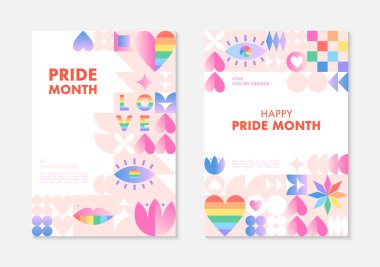 Gurur ayı poster şablonları. LGBTQ + Geometrik elemanlar ve gökkuşağı lgbt sembolleriyle Bauhaus tarzı toplum vektör çizimleri. İnsan hakları hareketi konsepti. Gay geçit töreni. Renkli kapak tasarımları..