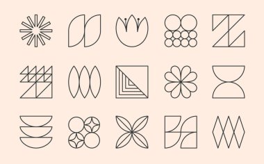 Bauhaus doğrusal amblemleri veya sembolleri vektör kümesi. Modern vahşi nesneler ve modaya uygun İsviçre estetik tarzındaki elementler. Marka tasarımı, rozetler, çıkartmalar, logo şablonları için soyut, kalın geometrik şekiller..