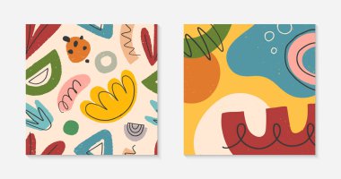 Elle çizilmiş çeşitli organik şekiller içeren soyut vektör çizimleri. Parmak izi, el ilanları, davetiyeler, marka tasarımı, kapaklar için çağdaş sanatsal tasarımlar.