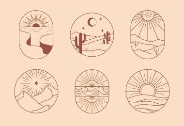 Kayalık dağlar, çöl manzaraları ve dağ sıralarıyla vektör doğrusal boho amblemleri. Uçurumlu logoları; Aurora, deniz, güneş, çöl tepeleri; kaktüs, ay, yıldızlar. Modern yürüyüş veya kamp etiketleri.