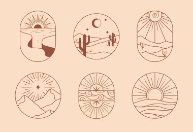 Vector linear boho emblems with rocky mountains,desert landscapes and mountain range.Travel logos with cliffed coast;aurora,sea,sun,desert dunes;cacti,moon,stars.Modern hiking or camping labels. clipart
