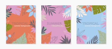 Metin için kopyalama alanı olan modaya uygun düz çizimler. Tropikal yapraklar, bitkiler içeren soyut arkaplanlar. Sosyal medya, posterler, baskılar için tropikal afişler. Kapak tasarım şablonları.
