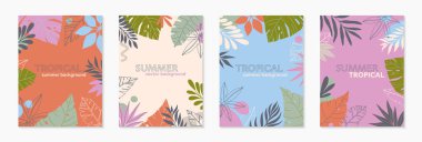 Metin için kopyalama alanı olan modaya uygun düz çizimler. Tropikal yapraklar, bitkiler içeren soyut arkaplanlar. Sosyal medya, posterler, baskılar için tropikal afişler. Kapak tasarım şablonları.