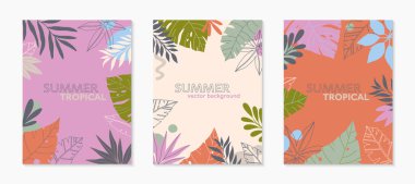 Metin için kopyalama alanı olan modaya uygun düz çizimler. Tropikal yapraklar, bitkiler içeren soyut arkaplanlar. Sosyal medya, posterler, baskılar için tropikal afişler. Kapak tasarım şablonları.