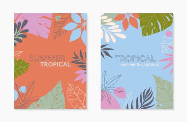 Metin için kopyalama alanı olan modaya uygun düz çizimler. Tropikal yapraklar, bitkiler içeren soyut arkaplanlar. Sosyal medya, posterler, baskılar için tropikal afişler. Kapak tasarım şablonları.