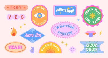 Vector set of cute funny patches and stickers in 90s style.Modern icons or symbols in y2k aesthetic with text.Trendy kidcore designs for banners,social media marketing,branding,packaging,covers