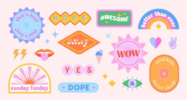 Vector set of cute funny patches and stickers in 90s style.Modern icons or symbols in y2k aesthetic with text.Trendy kidcore designs for banners,social media marketing,branding,packaging,covers
