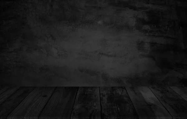 Empty Wooden Table Top Black Dark Concrete Wall Background Design — Stock Photo, Image