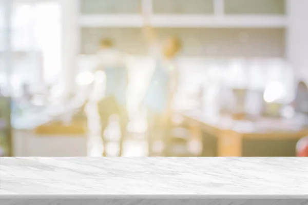 stock image White stone marble table top and blurred abstract background from interior building banner backdrop with desk blur, counter work people in workplace, kitchen - can used for display or your products.