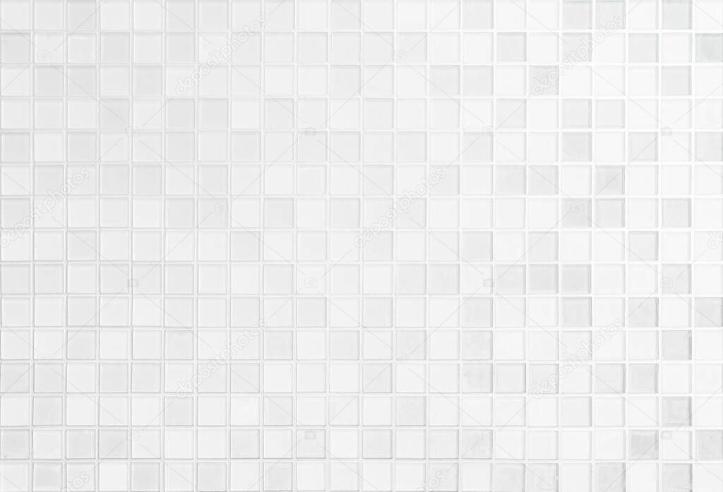 White ceramic wall chequered and floor tiles mosaic background in bathroom, kitchen. Design pattern geometric with grid wallpaper texture decoration pool. Simple seamless abstract surface clean, illustration wall tiles soft, mosaic tile floor empty.