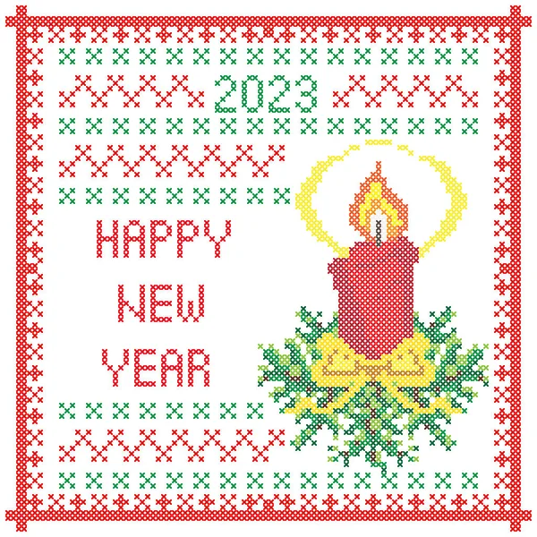 Merry Christmas Happy New Year Greeting Card Cross Stitch Embroidery — стоковый вектор