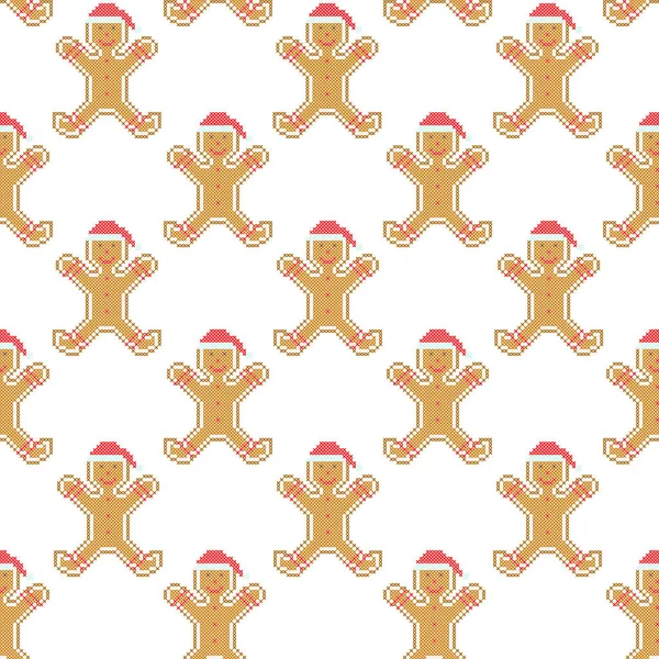 圣诞快乐矢量无缝图案与姜饼人 圣诞饼干十字绣绣花 — 图库矢量图片