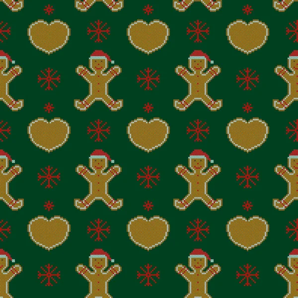 快乐的圣诞矢量无缝图案与姜饼人和心形 姜饼饼干十字绣绣花 — 图库矢量图片