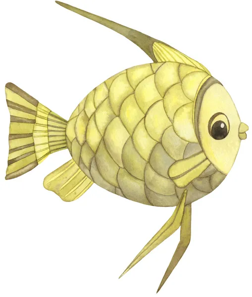 ปลาเขตร้อนสีน้ํา ปลาสีเหลืองที่วาดด้วยมือถูกแยกจากพื้นหลังสีขาว . — ภาพถ่ายสต็อก