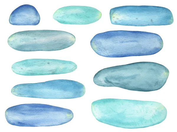 Absztrakt Watercolor Blue Sea üveg kövek készlet elszigetelt fehér alapon — Stock Fotó