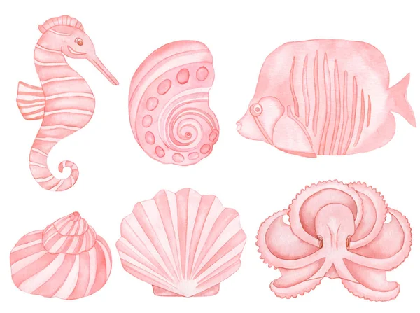 Акварель Подводных Существ Розовая Рыба Раковины Розовый Осьминог Морской Конь — стоковое фото