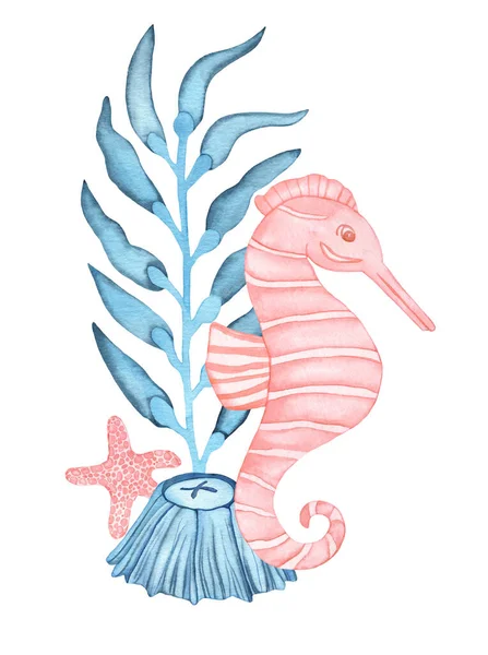 Watercolor Underwater Composition Pink Sea Horse Algae Sea Weeds Star — Stock Photo, Image
