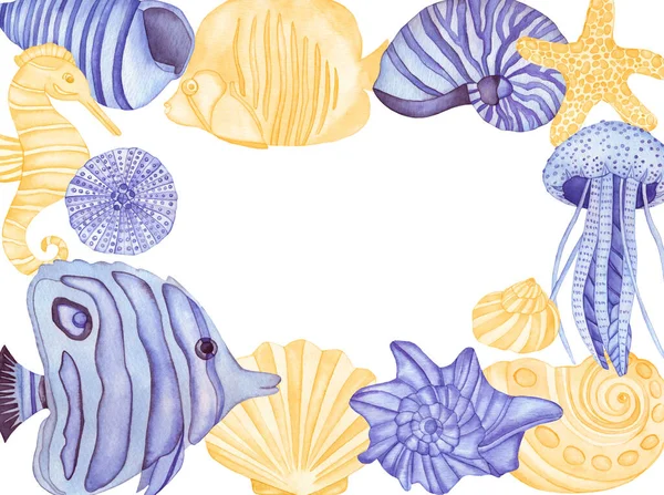 Υδατογραφία Υποβρύχια Πλάσματα Πλαίσιο Violet Fish Sea Shells Sea Horse — Φωτογραφία Αρχείου